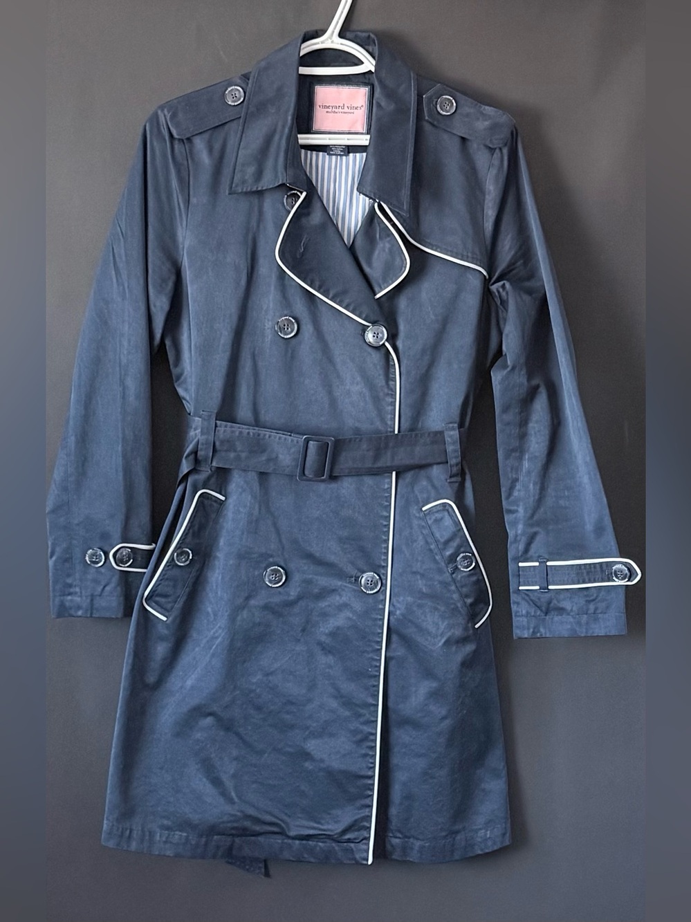 Vineyard Vines Navy Trench Coat with White Piping